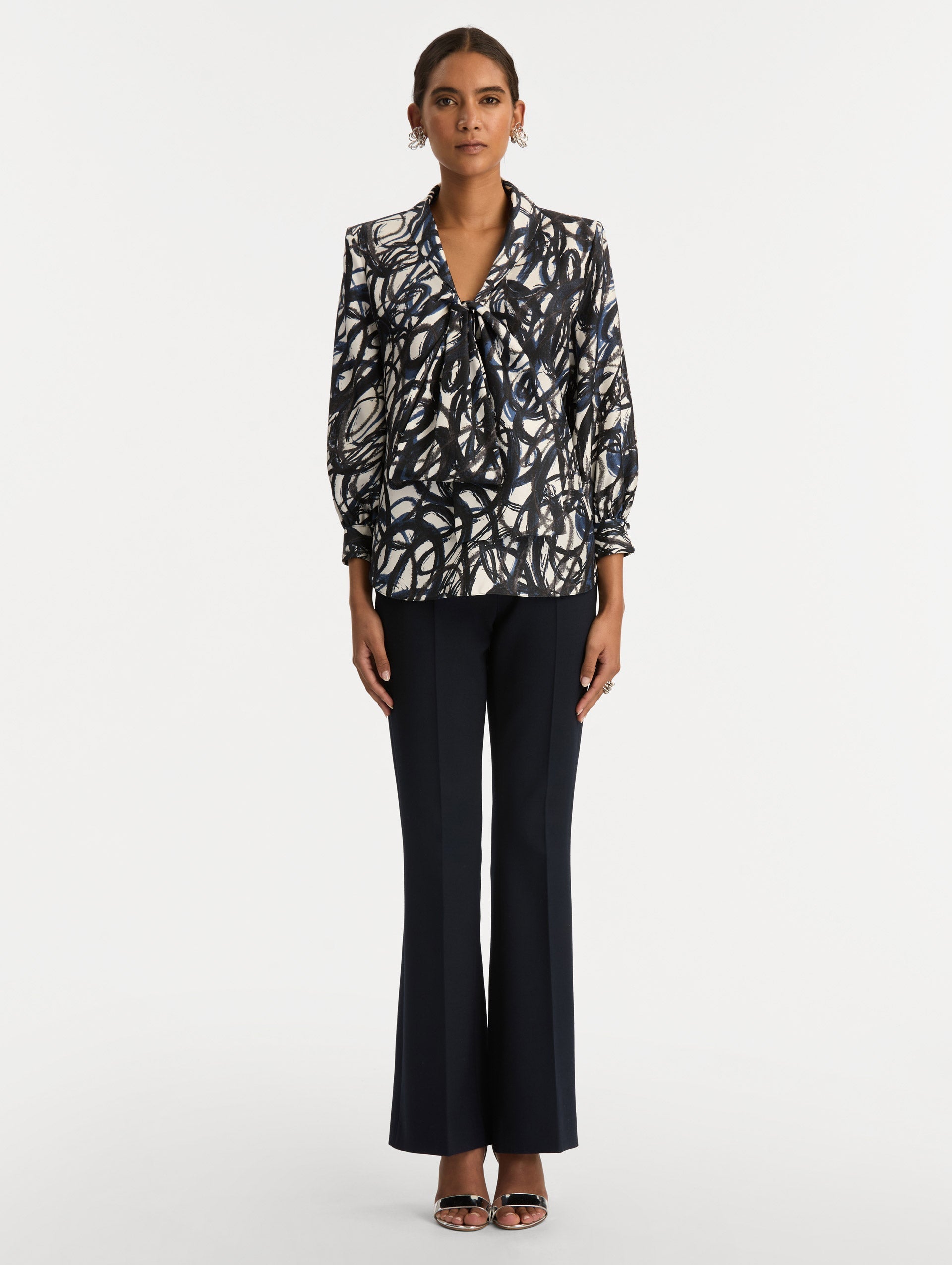 Abstract Sketch Silk Twill Blouse Navy/white / Oscar de la Renta