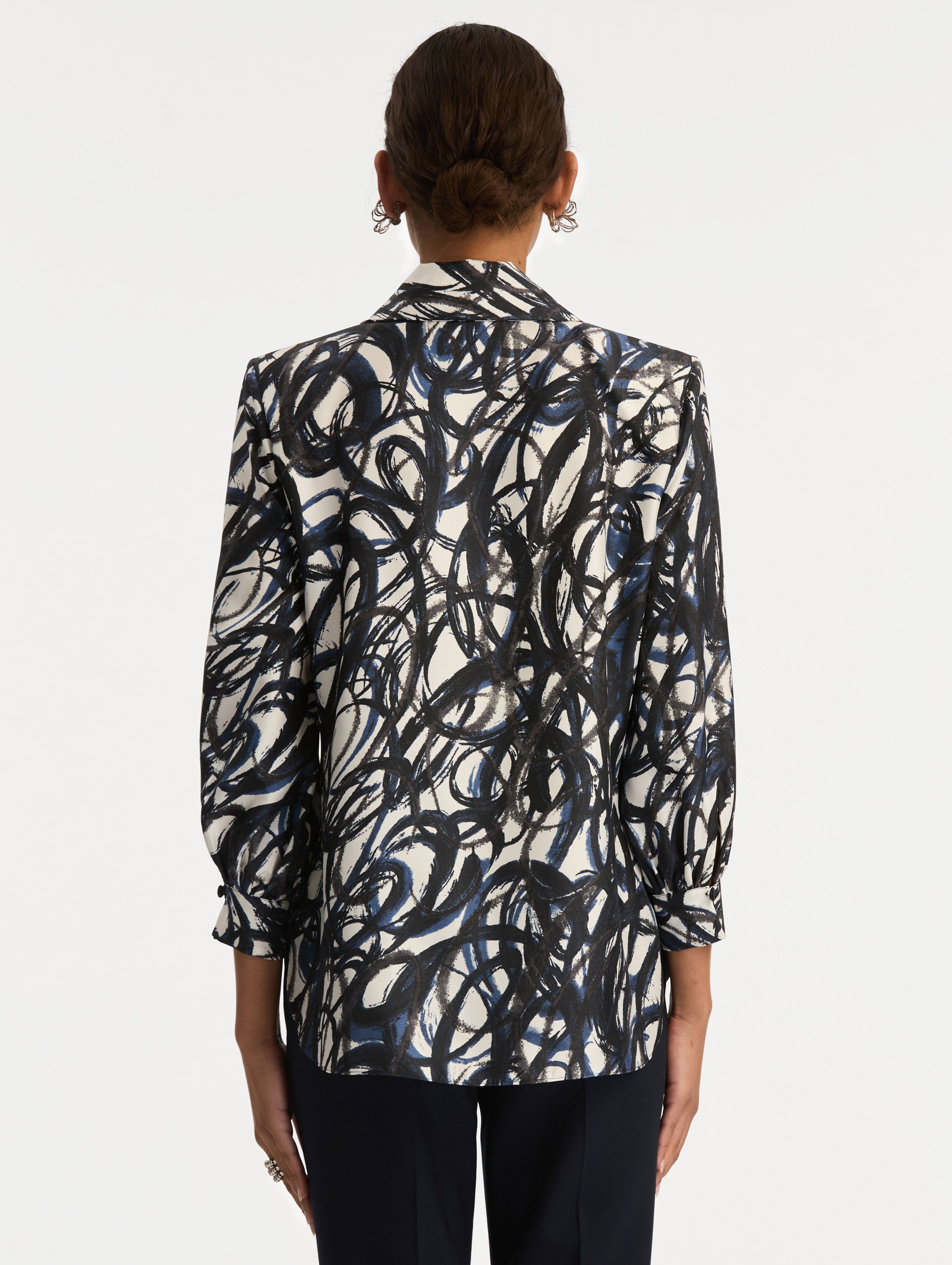 Abstract Sketch Silk Twill Blouse Navy/white / Oscar de la Renta