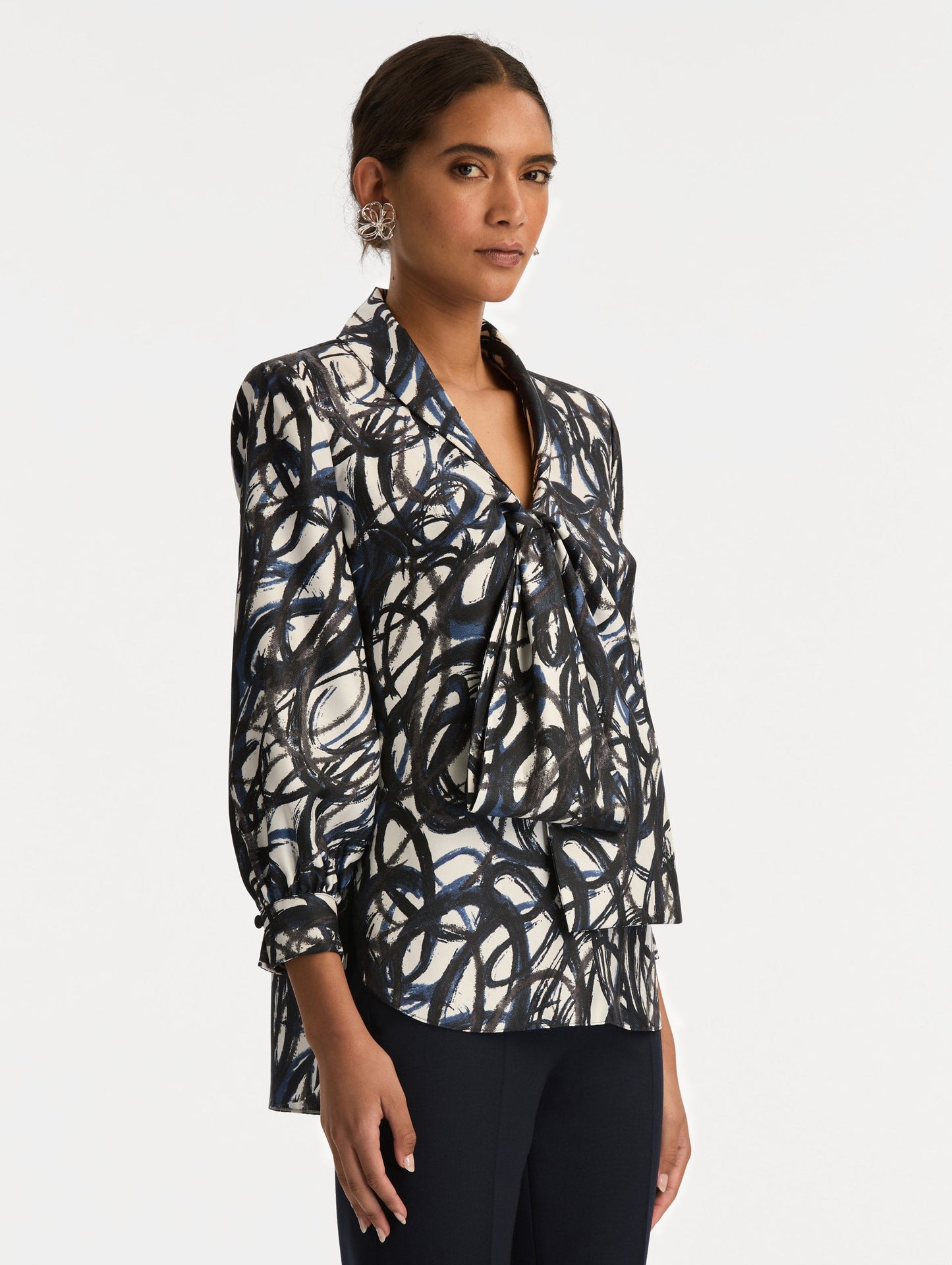 Abstract Sketch Silk Twill Blouse Navy/white / Oscar de la Renta