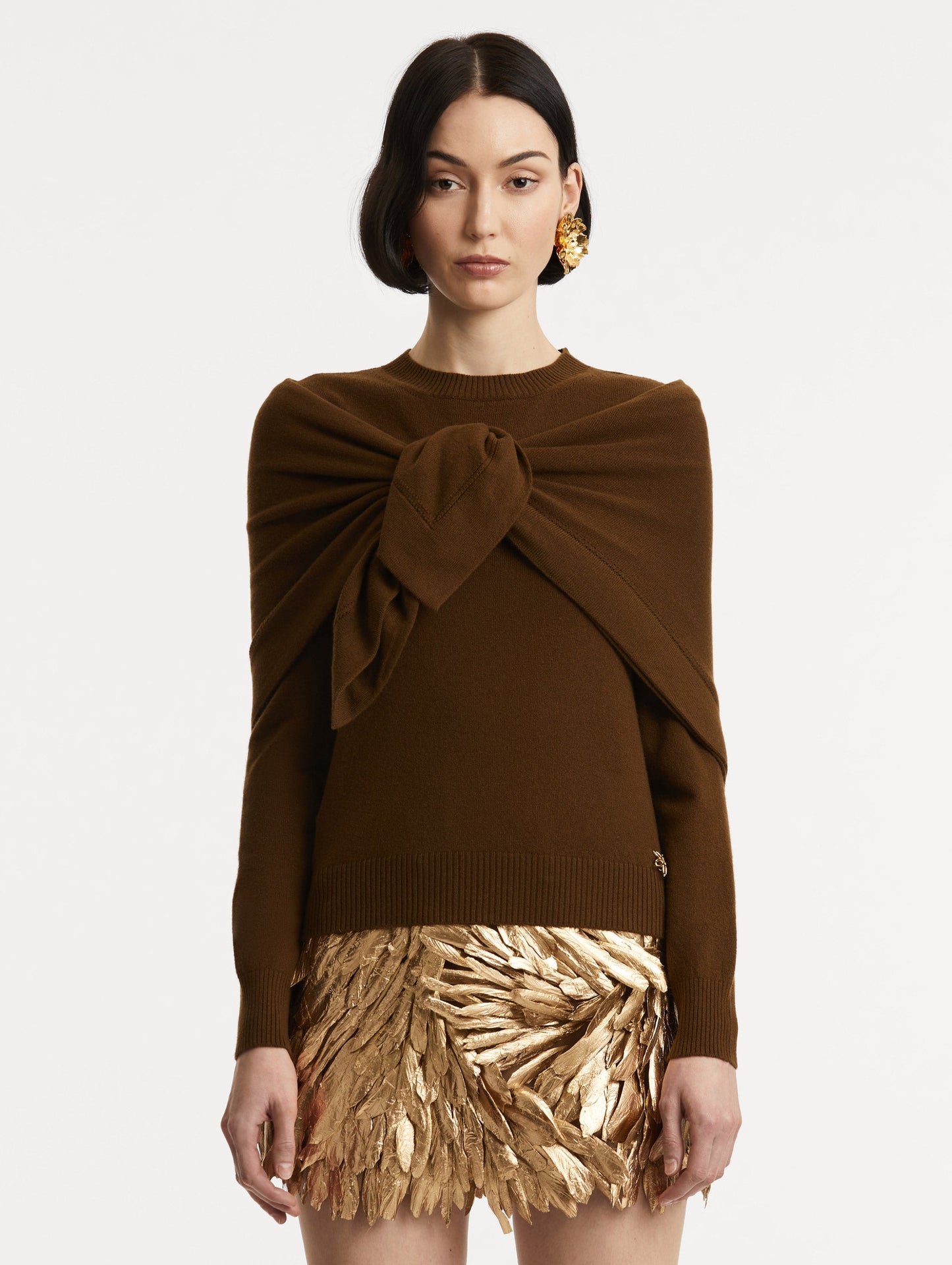 O Flower Cashmere Pullover with Scarf Brown / Oscar de la Renta
