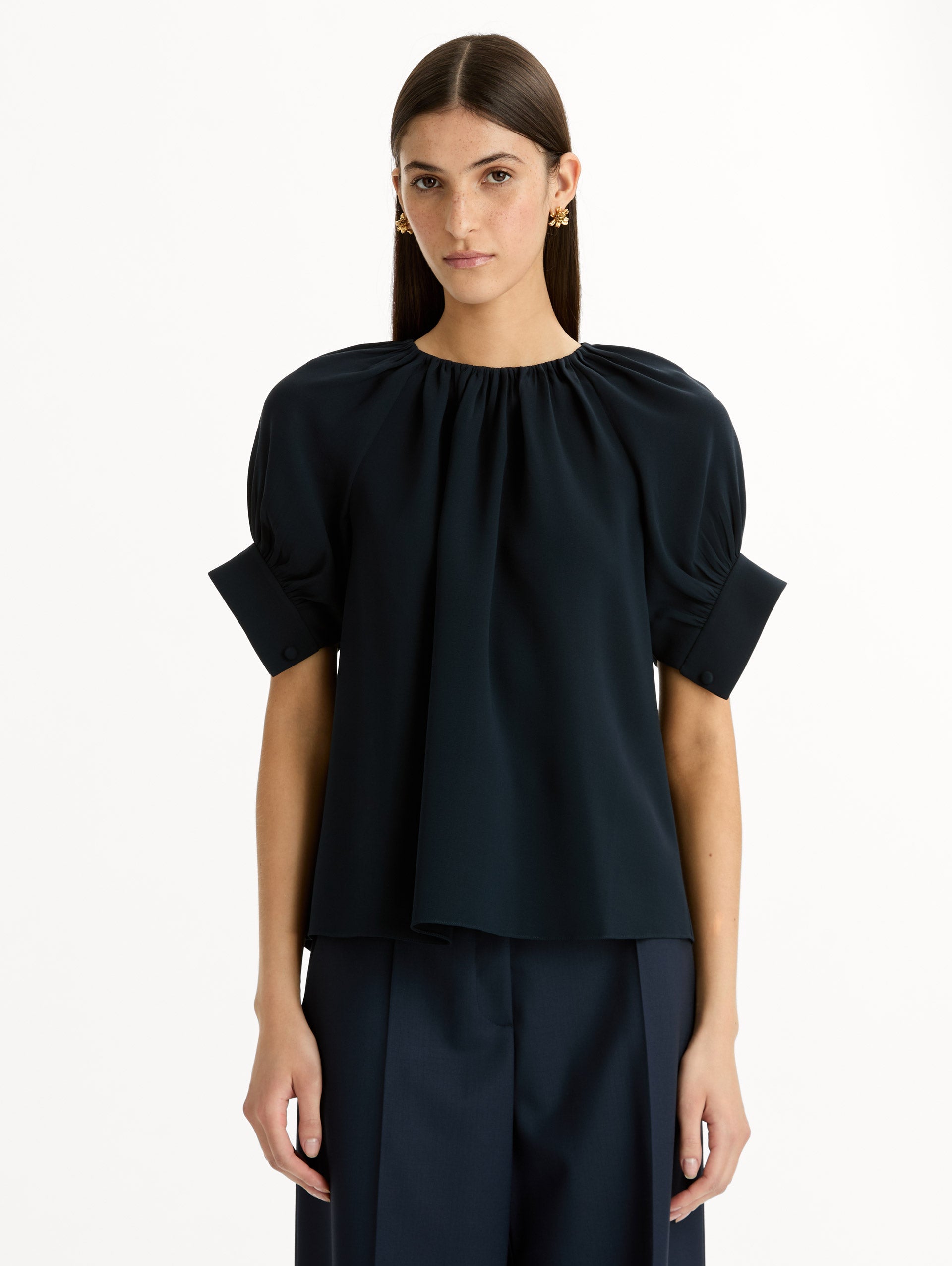 Gathered Silk Georgette Blouse Navy / Oscar de la Renta