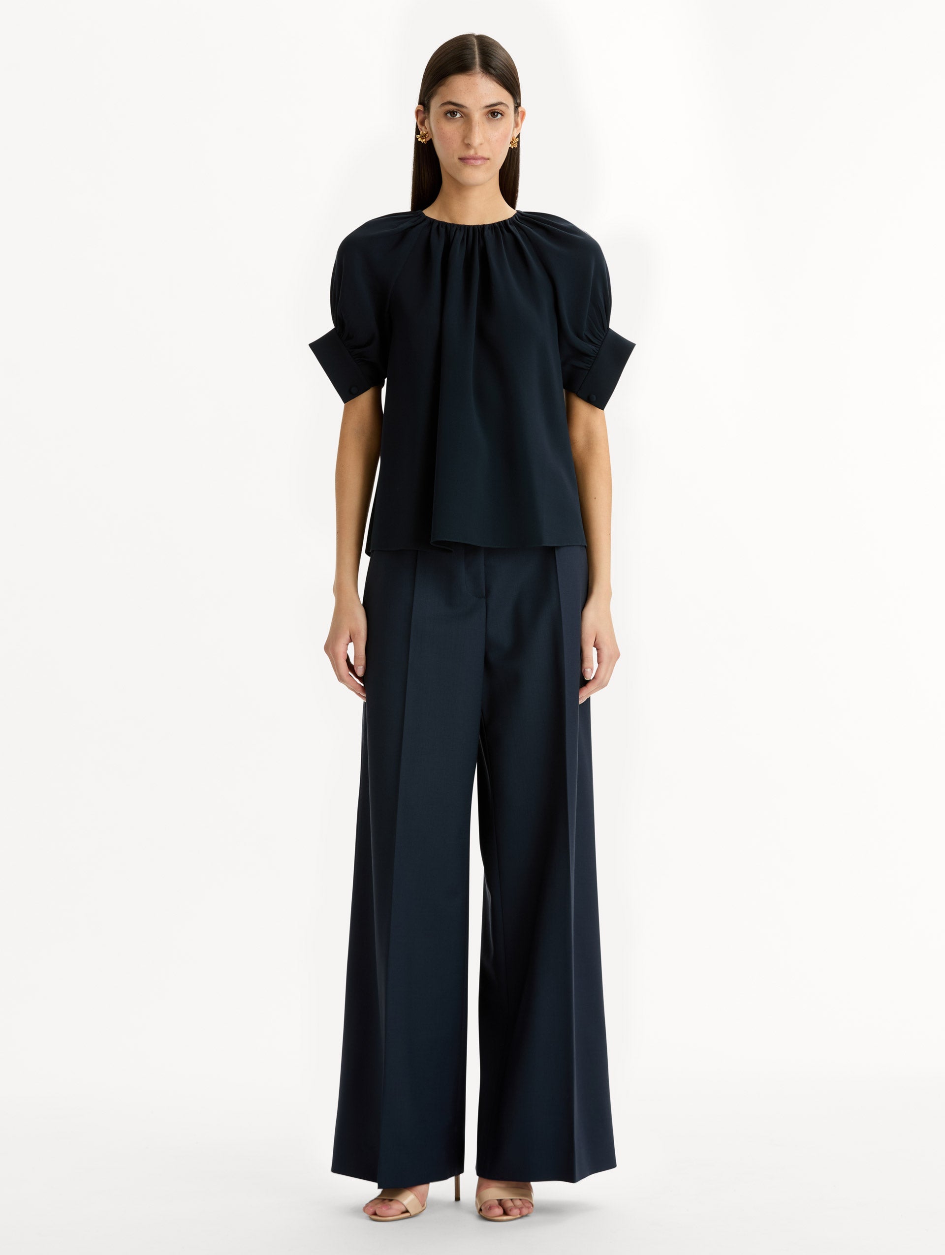 Gathered Silk Georgette Blouse Navy / Oscar de la Renta