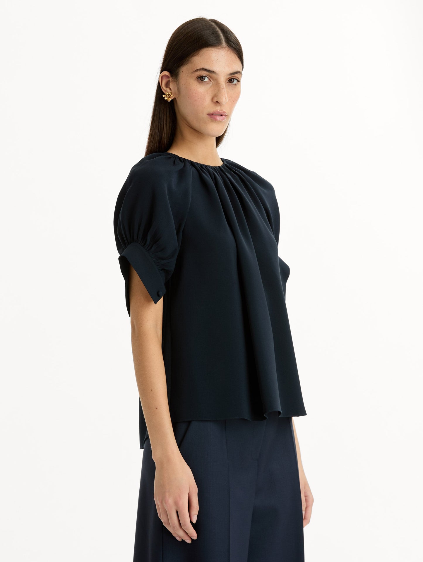 Gathered Silk Georgette Blouse Navy / Oscar de la Renta