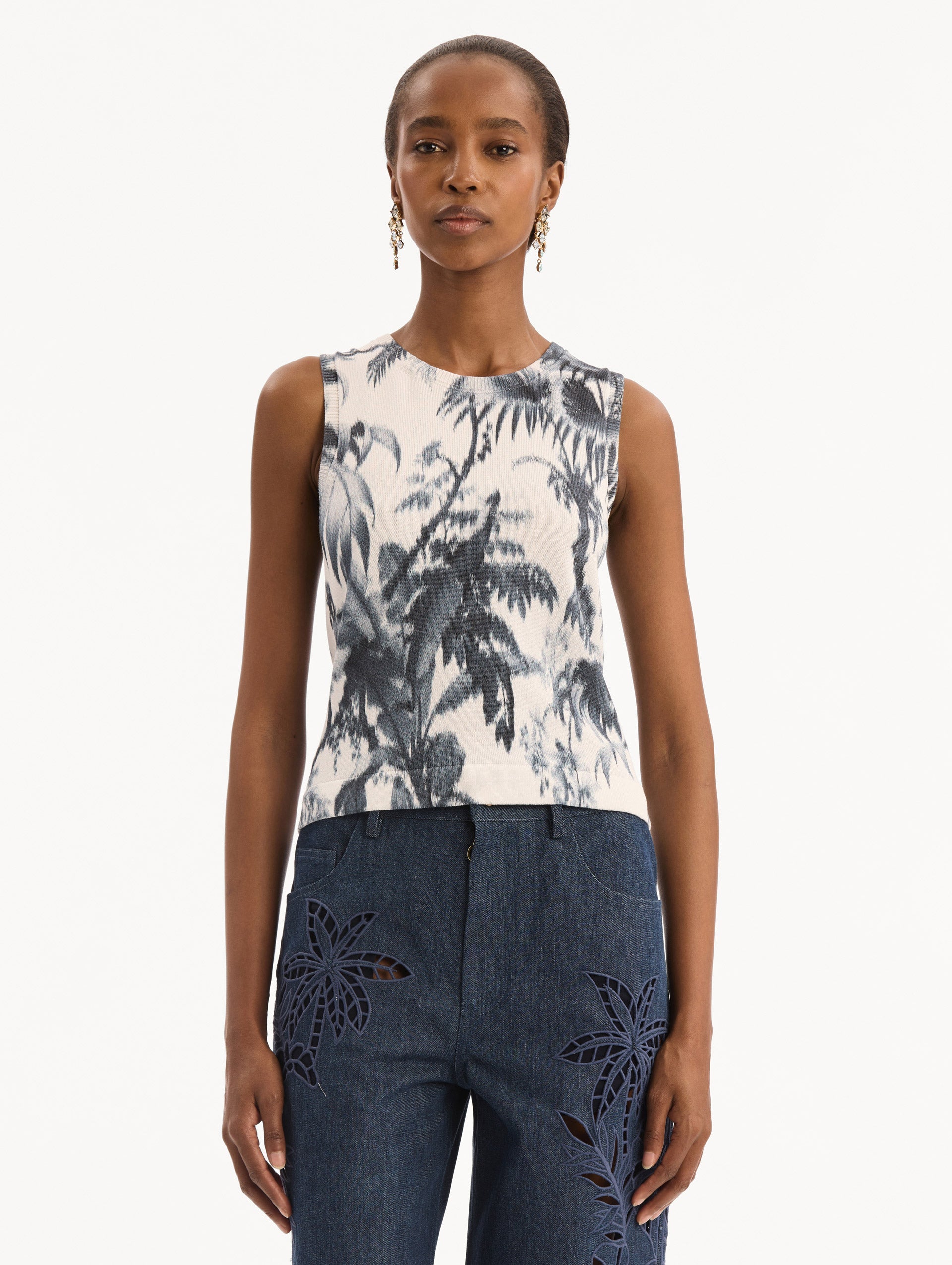 Chiné Palm Leaves Tank Navy/white / Oscar de la Renta