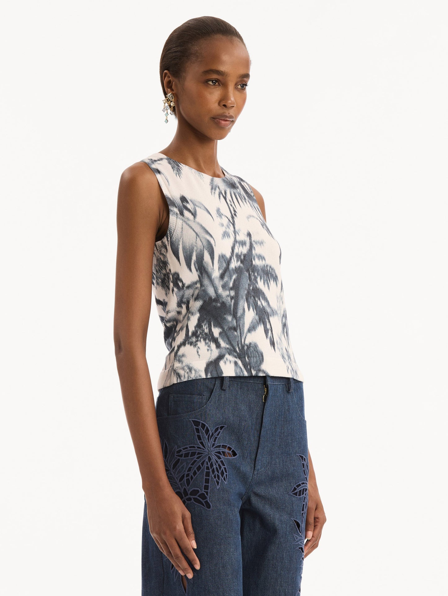 Chiné Palm Leaves Tank Navy/white / Oscar de la Renta