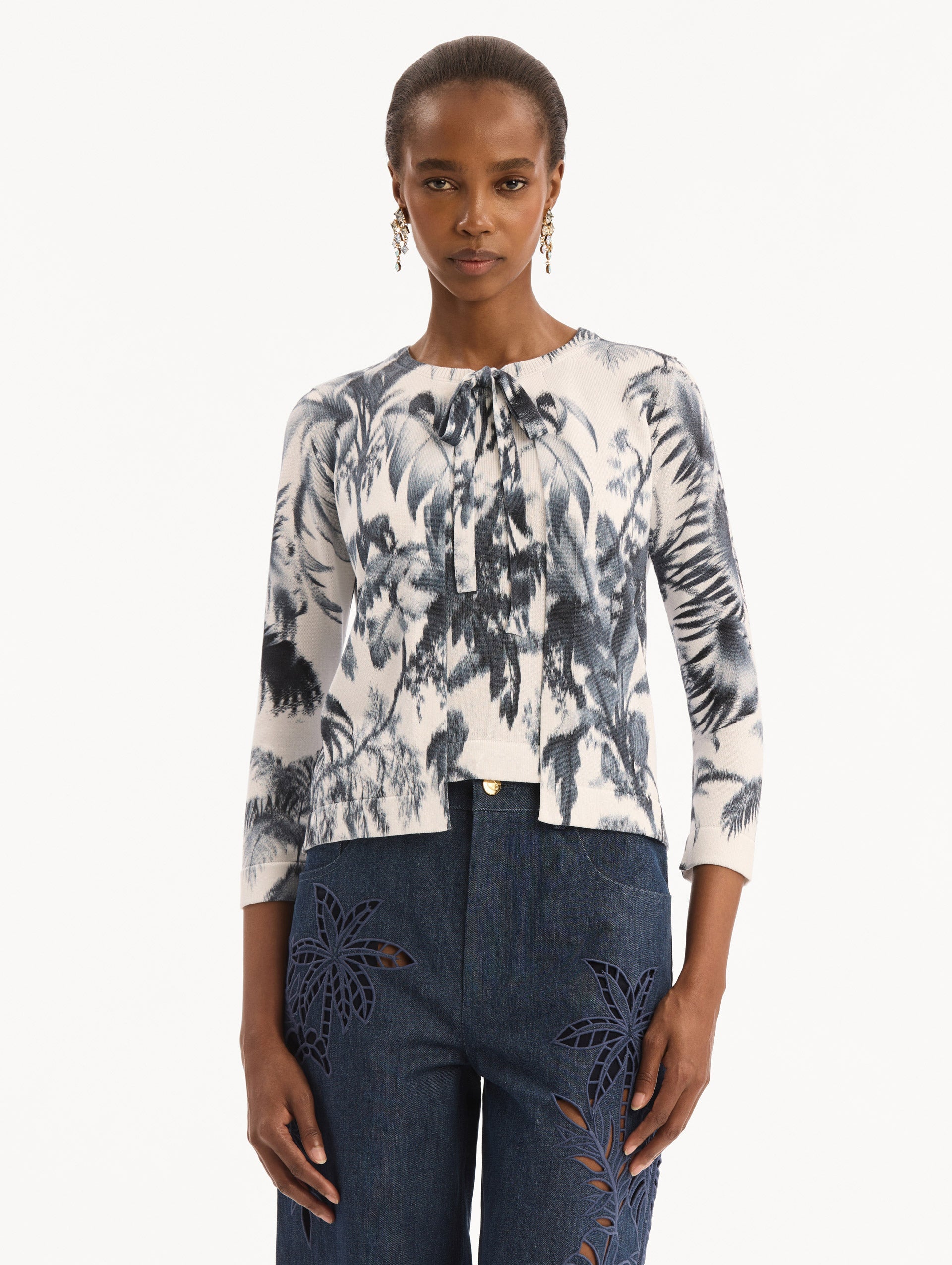 Chiné Palm Leaves Cardigan Navy/white / Oscar de la Renta