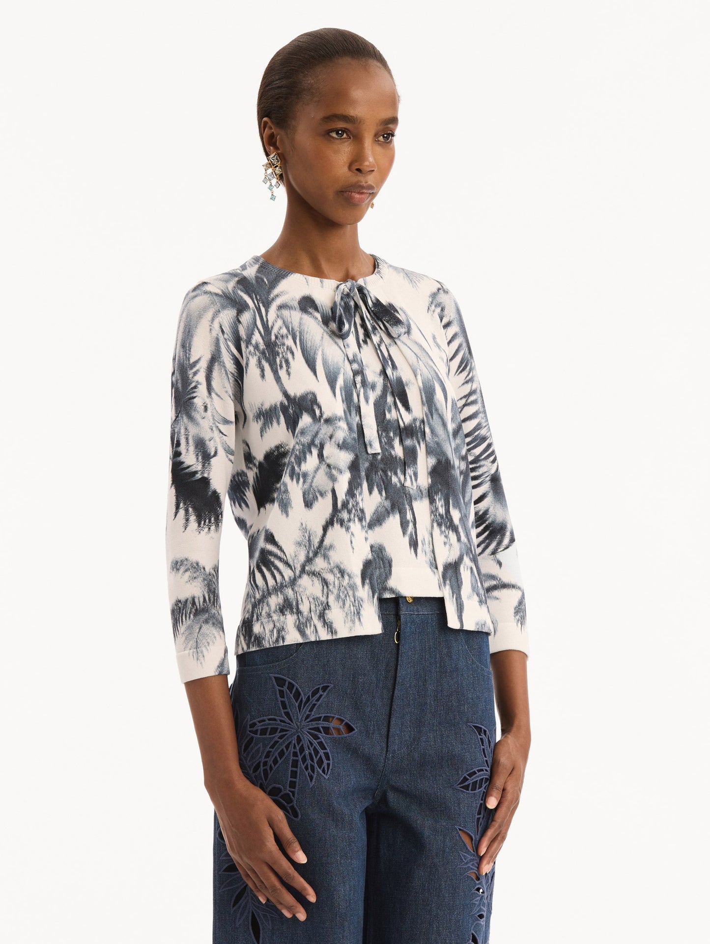 Chiné Palm Leaves Cardigan Navy/white / Oscar de la Renta