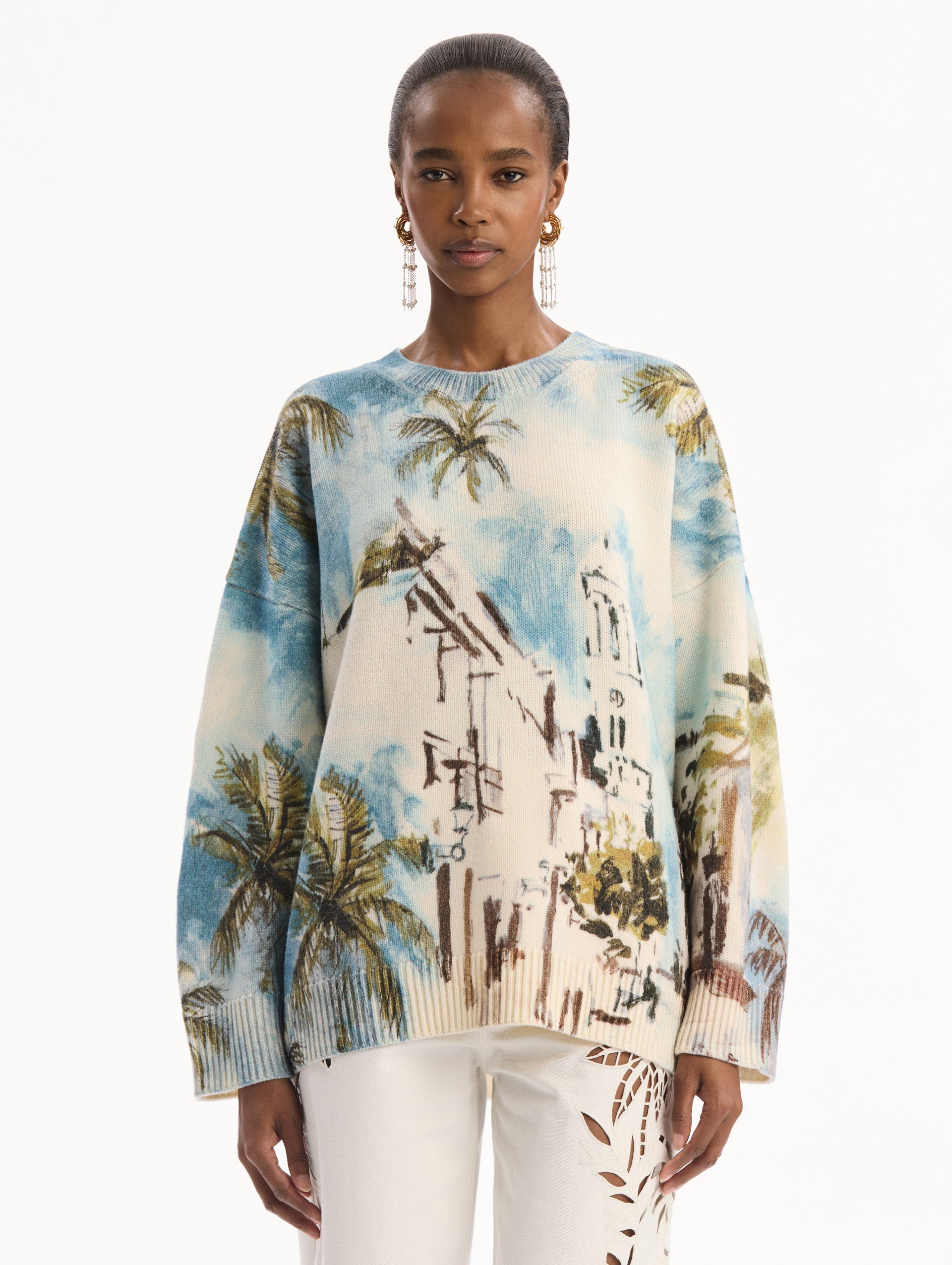 Dominican Landscape Oversized Pullover Blue green multi / Oscar de la Renta