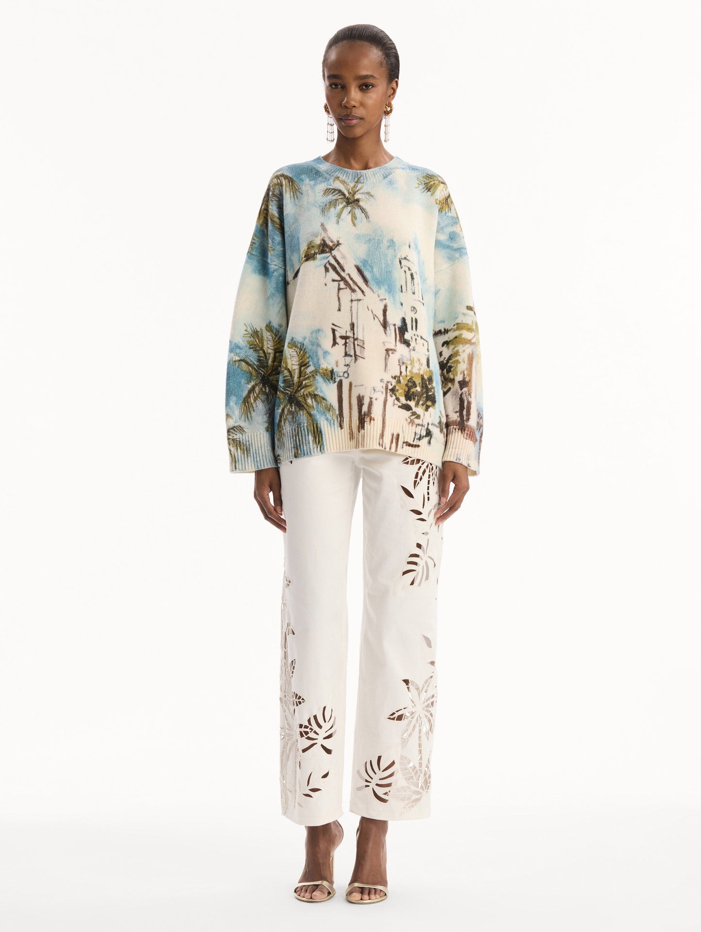Dominican Landscape Oversized Pullover Blue green multi / Oscar de la Renta