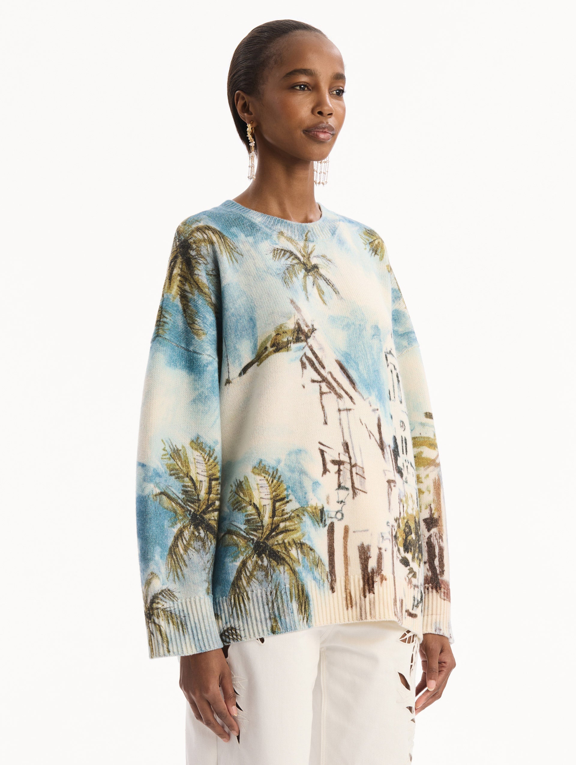 Dominican Landscape Oversized Pullover Blue green multi / Oscar de la Renta