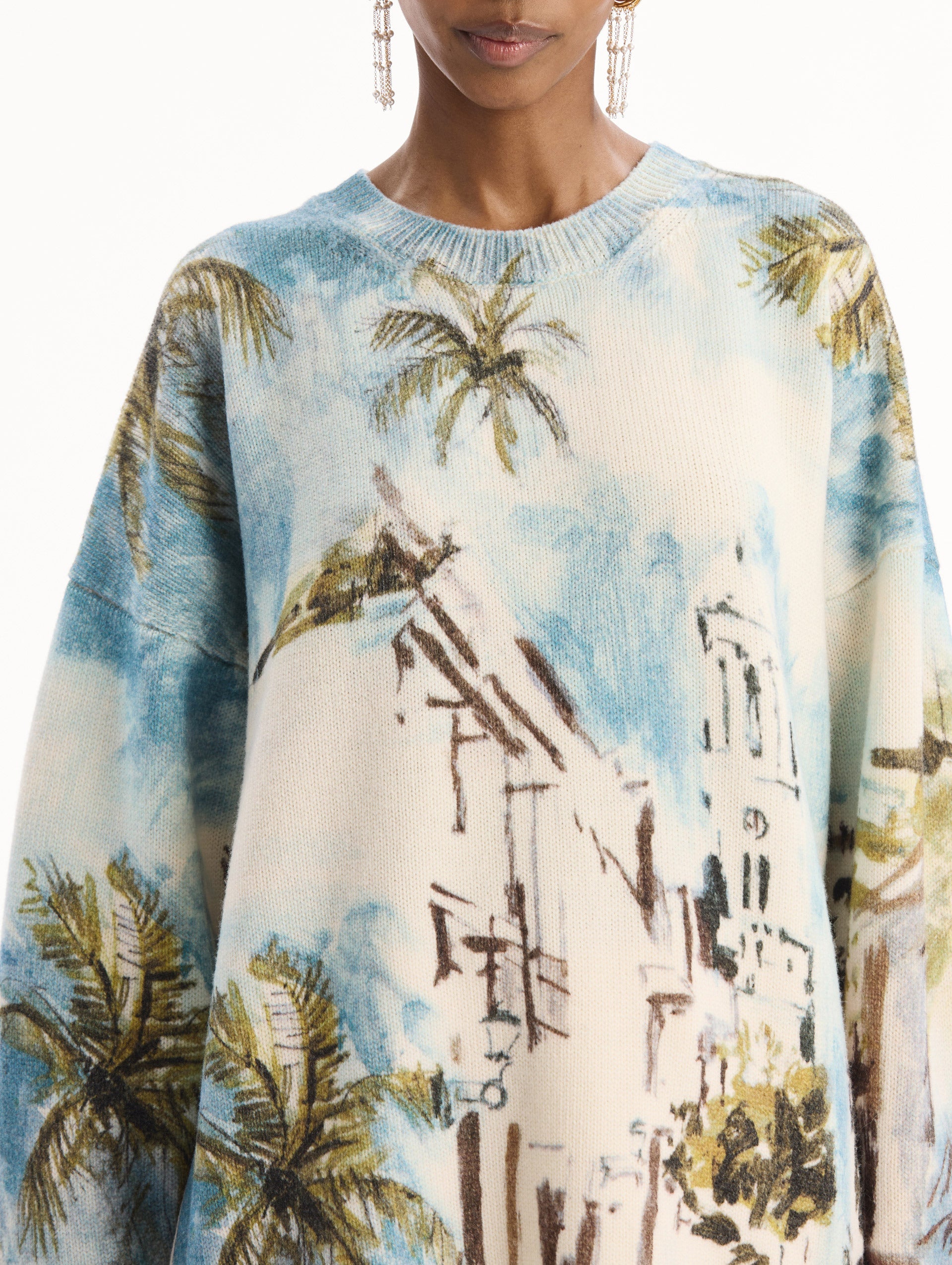 Dominican Landscape Oversized Pullover Blue green multi / Oscar de la Renta