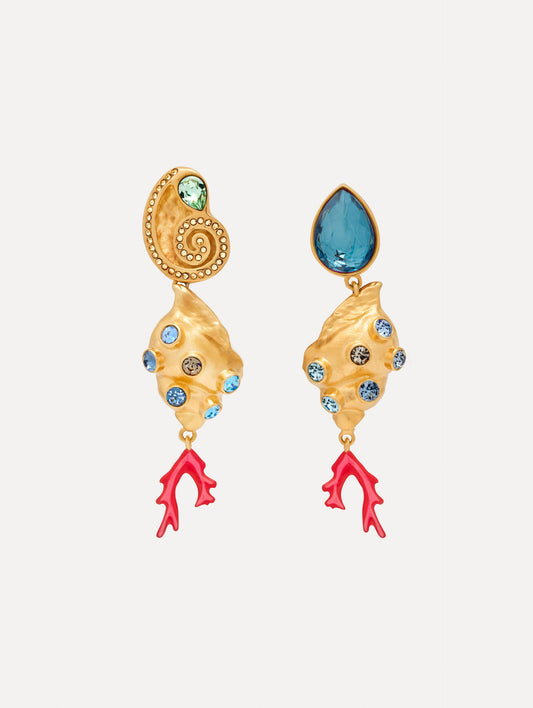 Mixed-Seashell Drop Clip-On Earrings Aquamarine / Oscar de la Renta