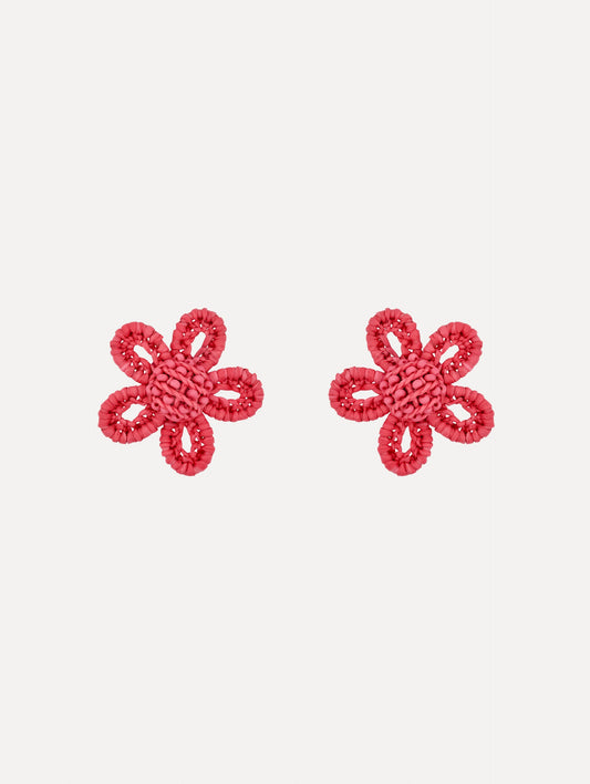 Small Woven Raffia Flower Earrings Rose / Oscar de la Renta