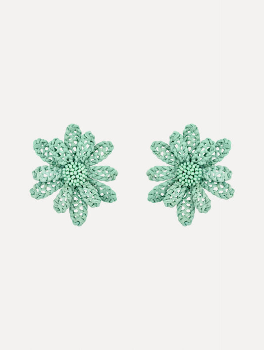Large Woven Raffia Flower Earrings Mint / Oscar de la Renta